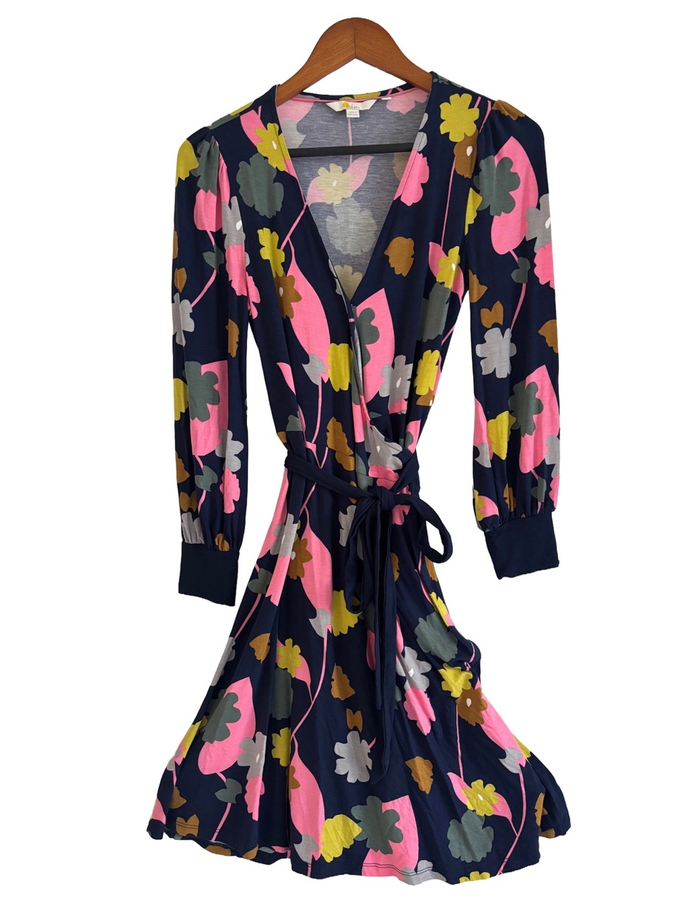 Boden Navy Floral Wrap Dress with Pink & Yellow Blooms size 6 - Picture 3 of 8